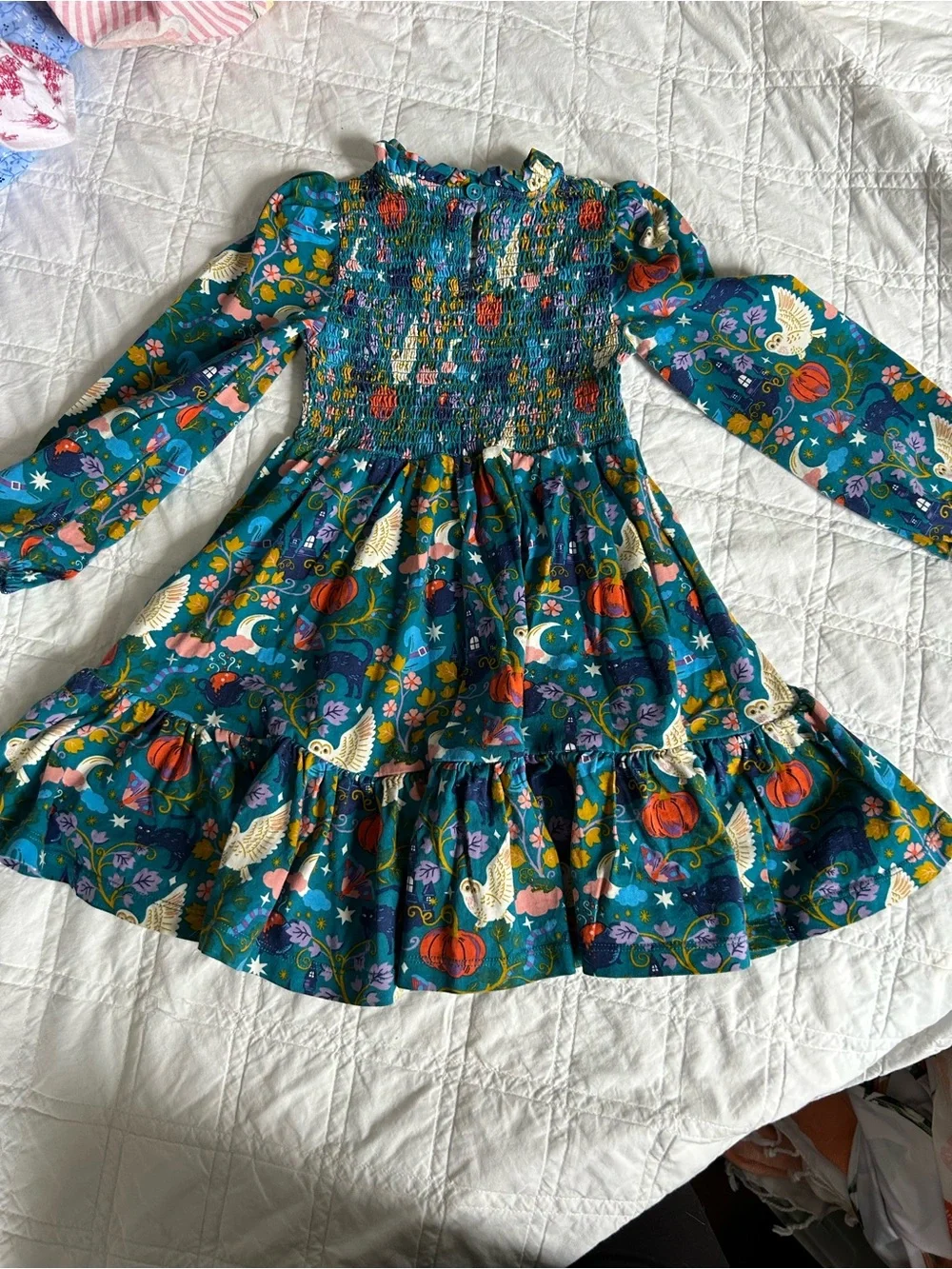 Mini Boden Teal Floral & Owl Smocked Casual Dress